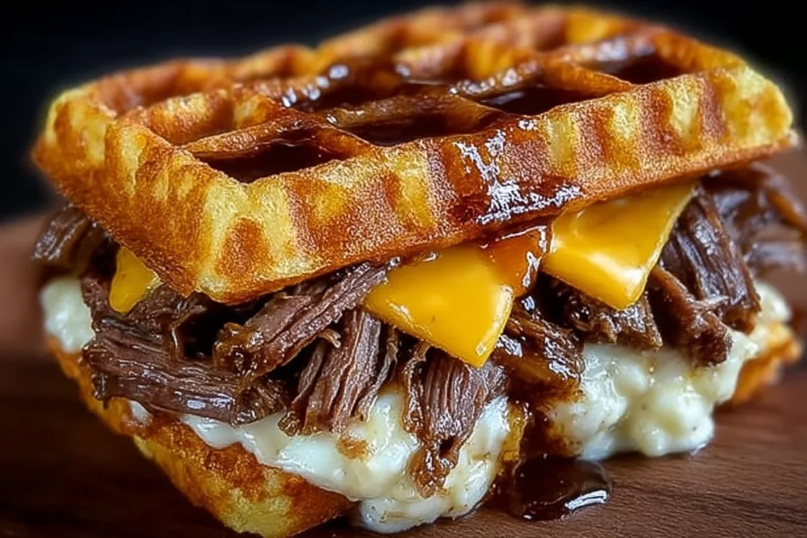 Bourbon-Maple Brisket Grilled Cheese Waffle Sandwich ready to enjoy.
