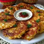 Stack of crispy cabbage pancakes garnished with herbs and served with dipping sauce