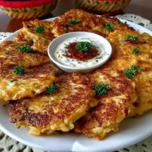 Stack of crispy cabbage pancakes garnished with herbs and served with dipping sauce