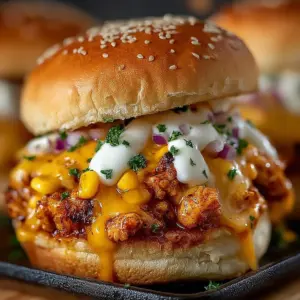A Cajun Chicken Sloppy Joe on a toasted bun with melted cheese and corn