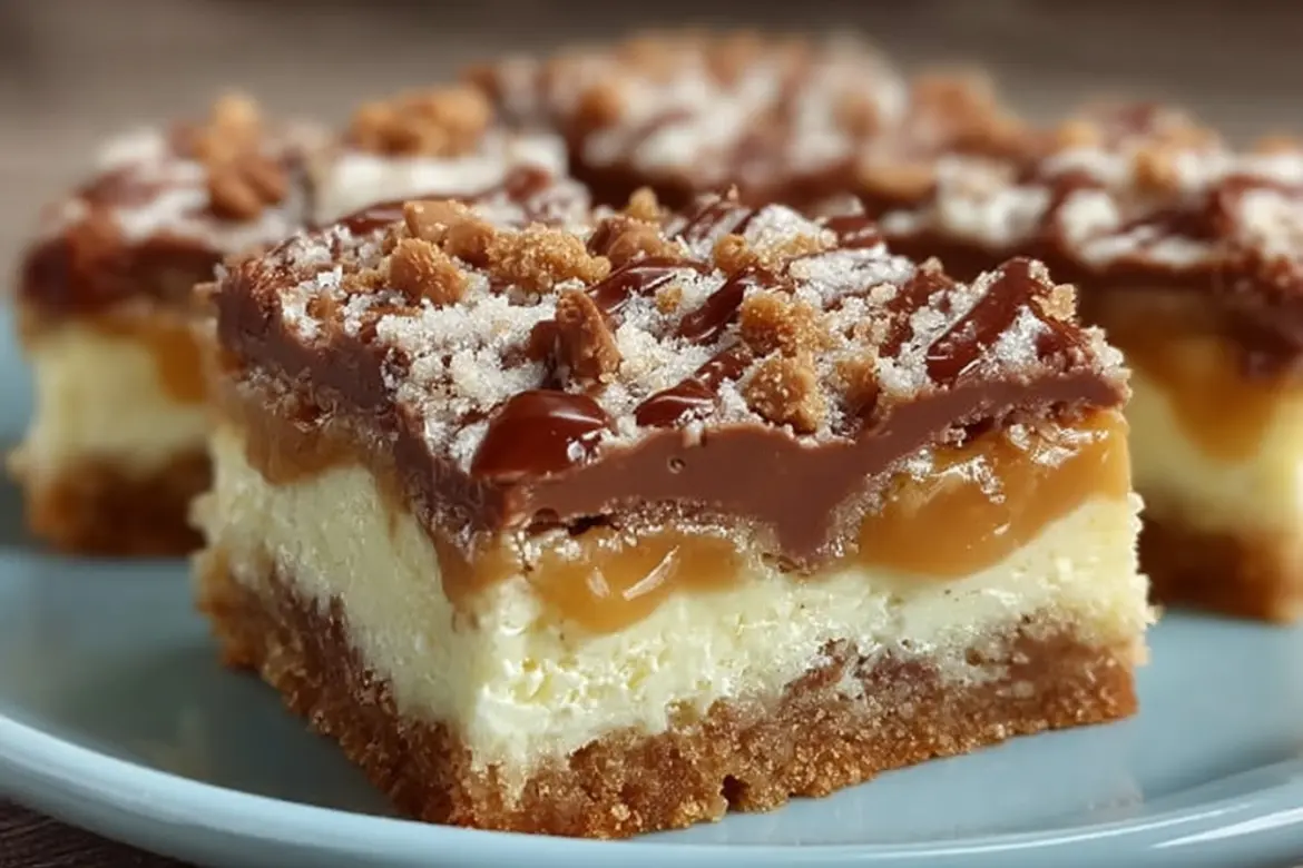 Delicious cake mix toffee bars topped with chocolate and caramel drizzles.