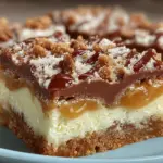 Delicious cake mix toffee bars topped with chocolate and caramel drizzles.