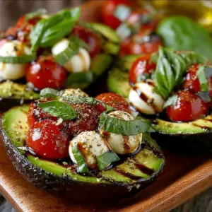 Halved avocados stuffed with cherry tomatoes, mozzarella, and basil, drizzled with balsamic glaze
