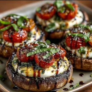 Caprese stuffed portobello mushrooms baked with mozzarella and fresh basil, drizzled with balsamic glaze