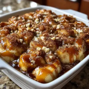 Golden caramel apple cinnamon roll dump cake in baking dish