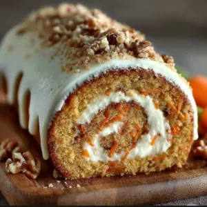 A sliced carrot cake roll on a platter, swirled with cream cheese frosting and dusted with powdered sugar