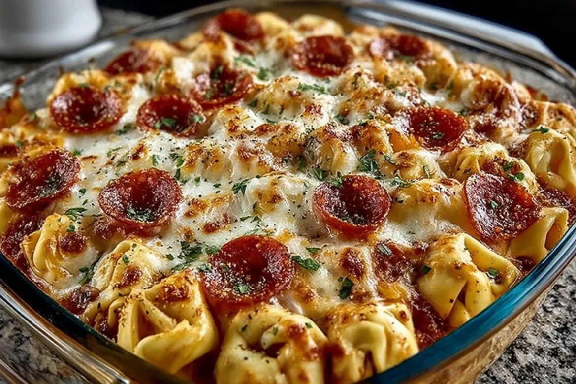 Cheese Tortellini Pepperoni Pizza Casserole fresh out of the oven