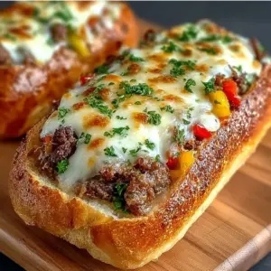 Sliced Cheesesteak-Stuffed Garlic Bread with melted cheese and parsley on top