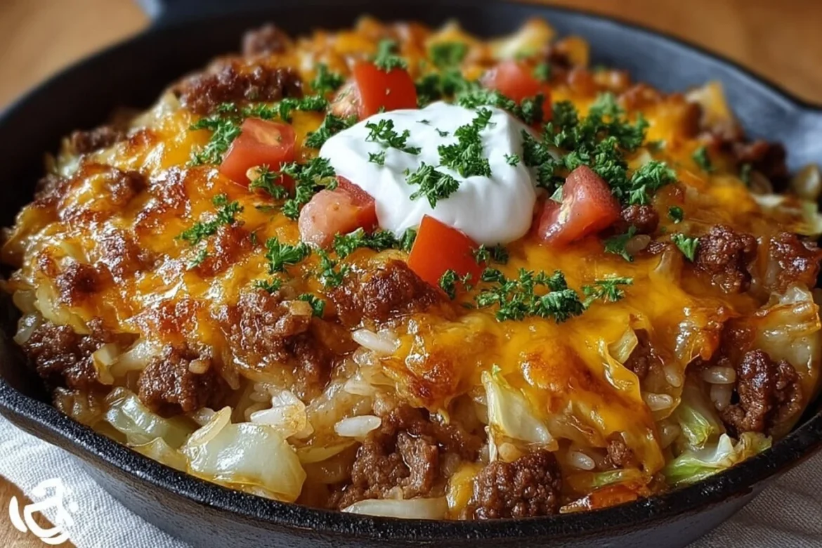 Cheesy Cabbage Beef Casserole dish topped with melted cheese and sautéed cabbage.