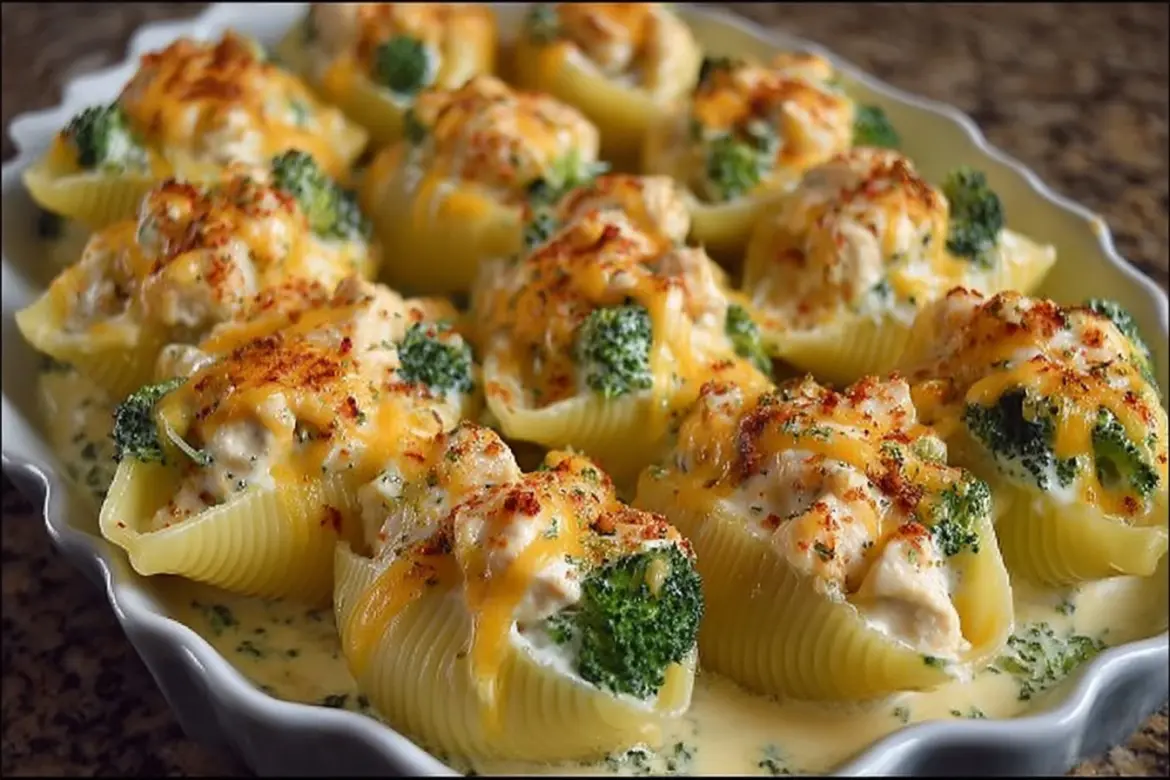 Cheesy chicken and broccoli stuffed shells on a plate, garnished with parsley.