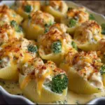 Cheesy chicken and broccoli stuffed shells on a plate, garnished with parsley.