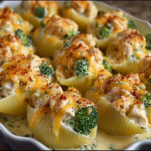 Cheesy chicken and broccoli stuffed shells on a plate, garnished with parsley.