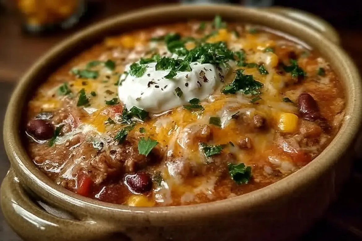 Bowl of cheesy enchilada chili garnished with cilantro and cheese