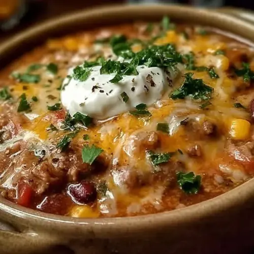 Bowl of cheesy enchilada chili garnished with cilantro and cheese