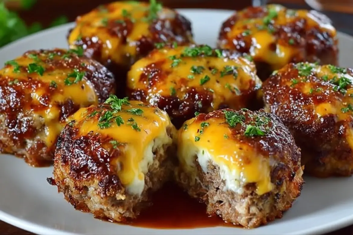 Cheesy stuffed meatloaf bites served on a platter with herbs and sauce.