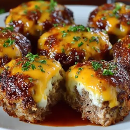 Cheesy stuffed meatloaf bites served on a platter with herbs and sauce.