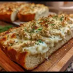 Sliced Chicken Alfredo Garlic Bread Pizza with golden melted cheese on a wooden board