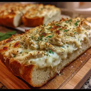 Sliced Chicken Alfredo Garlic Bread Pizza with golden melted cheese on a wooden board
