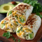 Close-up of a grilled chicken avocado ranch burrito sliced in half
