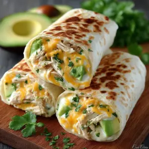 Close-up of a grilled chicken avocado ranch burrito sliced in half