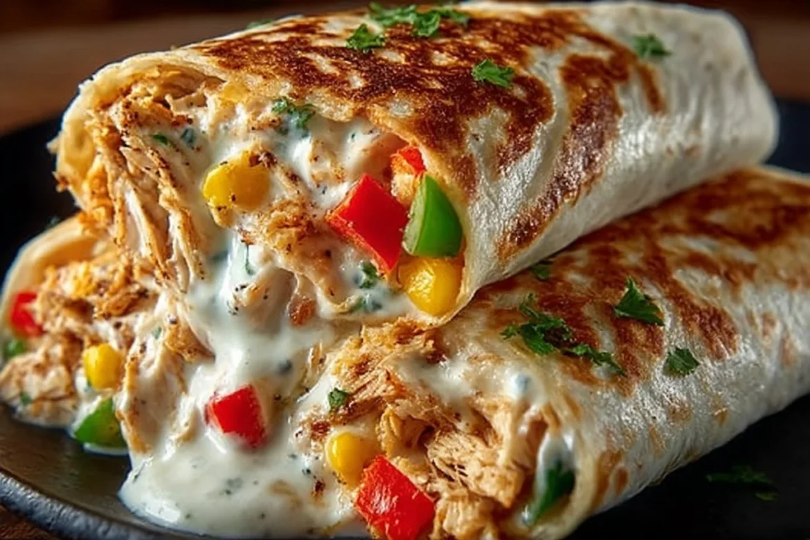 Chicken Bell Pepper Ranch Burrito cut in half showing creamy filling and vibrant peppers