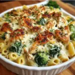 Baked pasta dish with chicken, broccoli, and melted cheese in a casserole dish