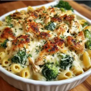 Baked pasta dish with chicken, broccoli, and melted cheese in a casserole dish