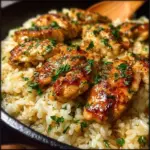Skillet filled with creamy chicken garlic parmesan rice topped with fresh parsley