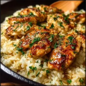 Skillet filled with creamy chicken garlic parmesan rice topped with fresh parsley