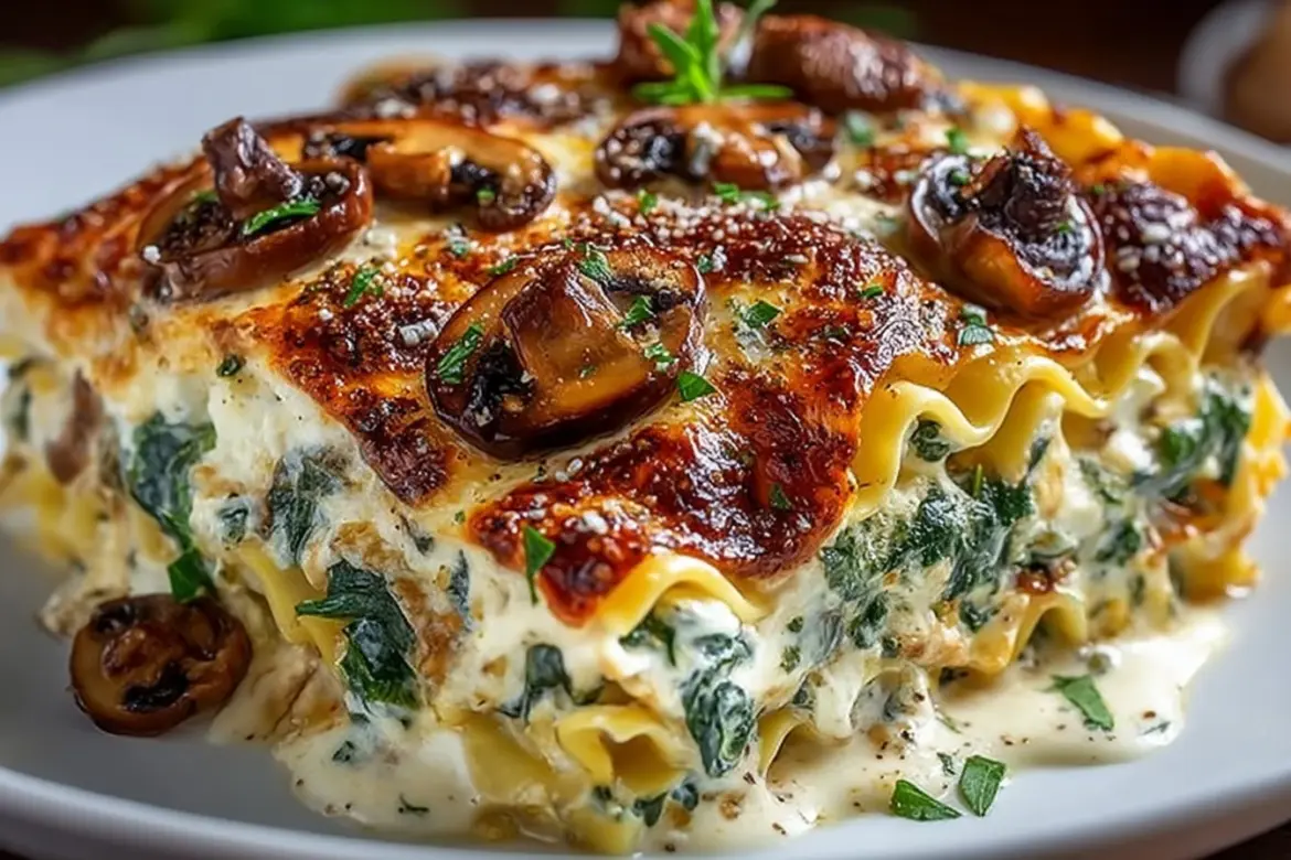Delicious Chicken, Mushroom, and Spinach Lasagna, perfect for dinner