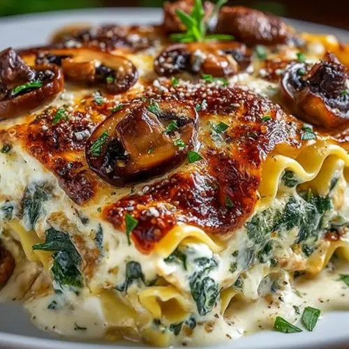 Delicious Chicken, Mushroom, and Spinach Lasagna, perfect for dinner