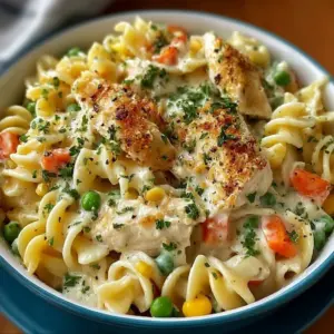 Creamy Chicken Pot Pie Pasta topped with fresh herbs in a bowl