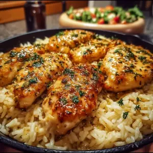 Skillet of garlic parmesan rice with golden chicken tenders on top