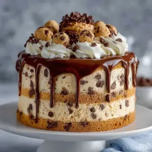 Chocolate Chip Cookie Dough Ice Cream Cake with chocolate chips and cookie dough swirls