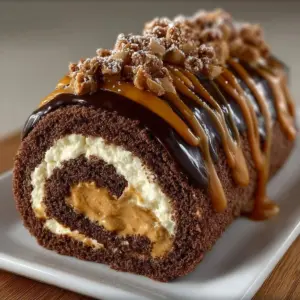 Slice of chocolate and peanut butter dream roll with whipped cream and candy bits