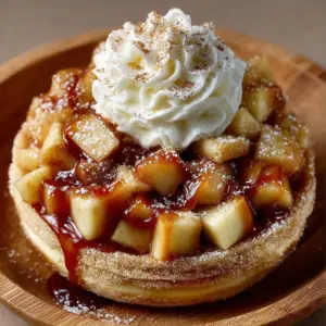 Churro Apple Pie Bowls filled with warm apple filling, topped with caramel drizzle and ice cream