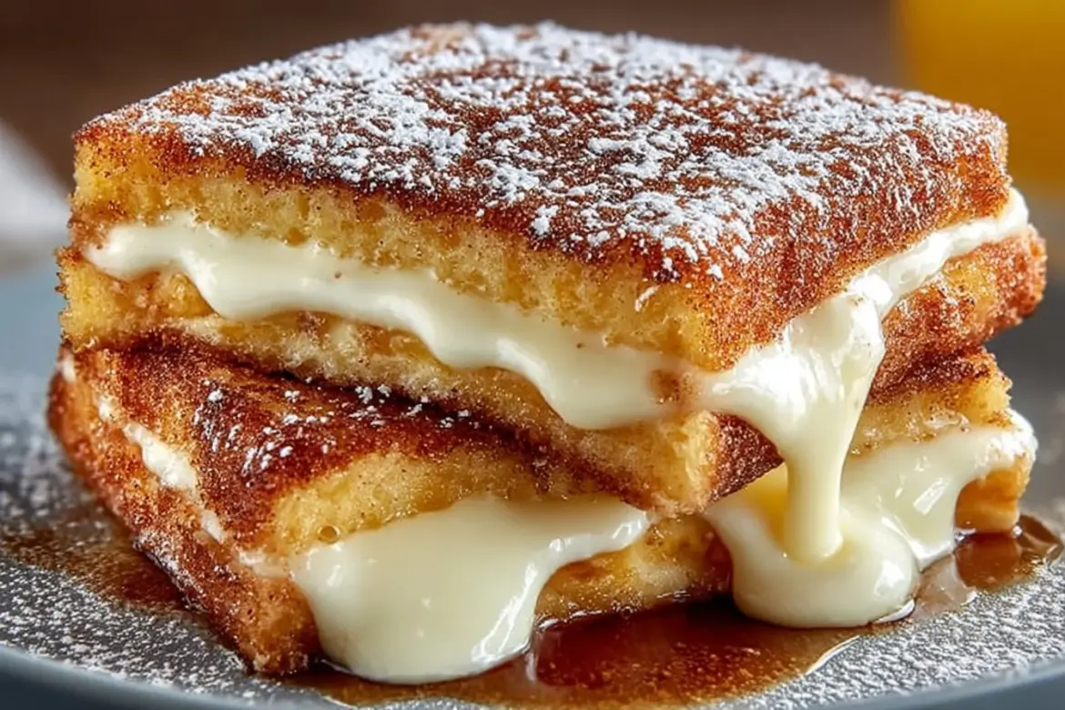 Churro stuffed French toast with cinnamon sugar topping on a plate