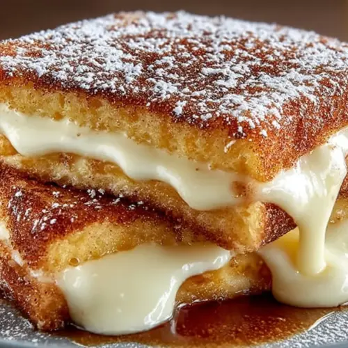 Churro stuffed French toast with cinnamon sugar topping on a plate