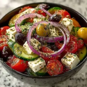 Bowl of classic Greek salad with feta, olives, and fresh vegetables