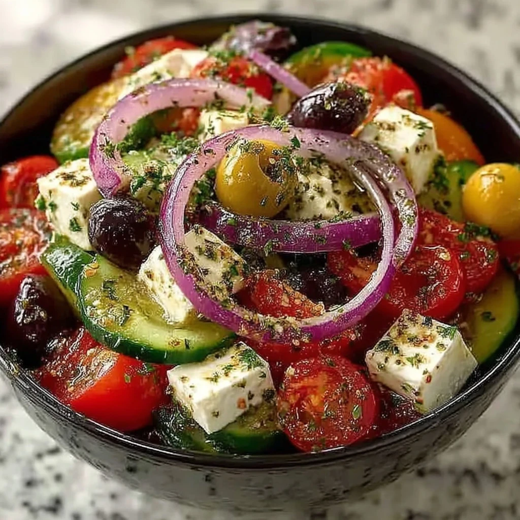 Bowl of classic Greek salad with feta, olives, and fresh vegetables