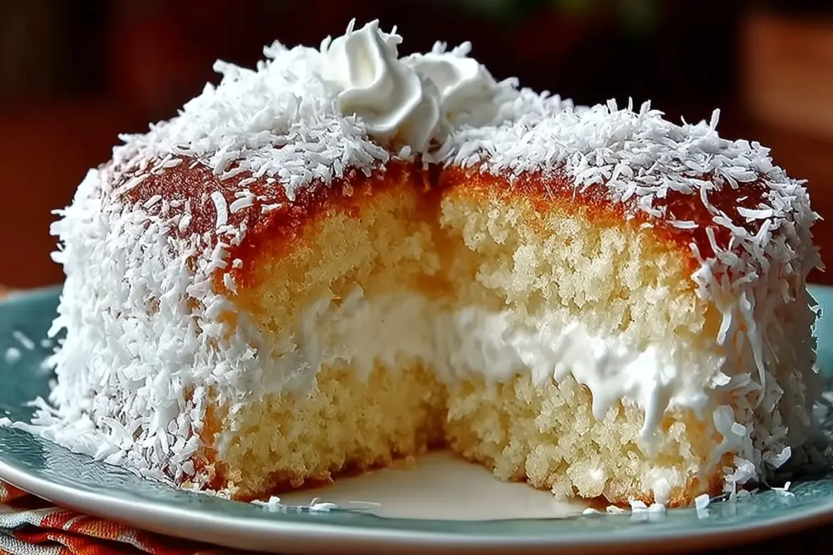 Delicious Coconut Cloud Cake topped with coconut flakes and creamy frosting.