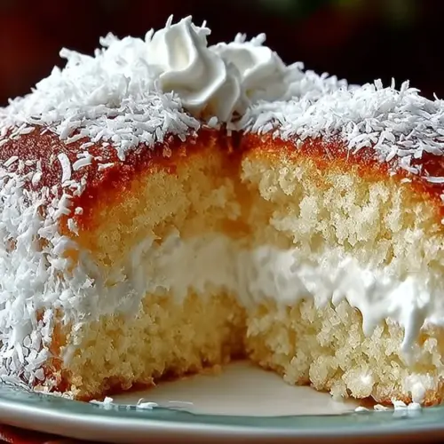 Delicious Coconut Cloud Cake topped with coconut flakes and creamy frosting.