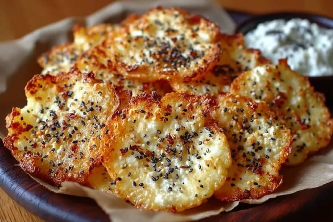 Homemade cottage cheese chips served in a bowl with spices