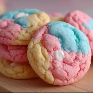 Stack of pastel-colored cotton candy cookies with a soft, chewy texture