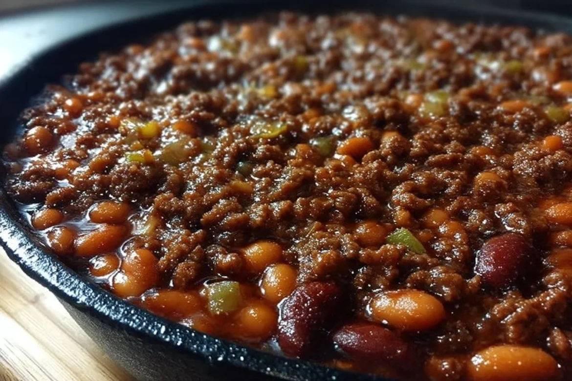 Delicious Cowboy Baked Beans served in a rustic bowl