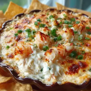 A bubbling dish of Crab Rangoon Dip served with crispy tortilla chips