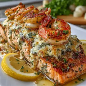 Crab and shrimp stuffed salmon fillet baked to golden perfection and garnished with fresh herbs
