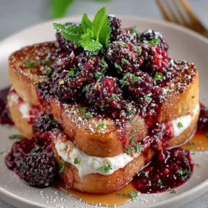 Slices of Cream Cheese-Stuffed French Toast topped with blackberry compote and syrup on a breakfast plate