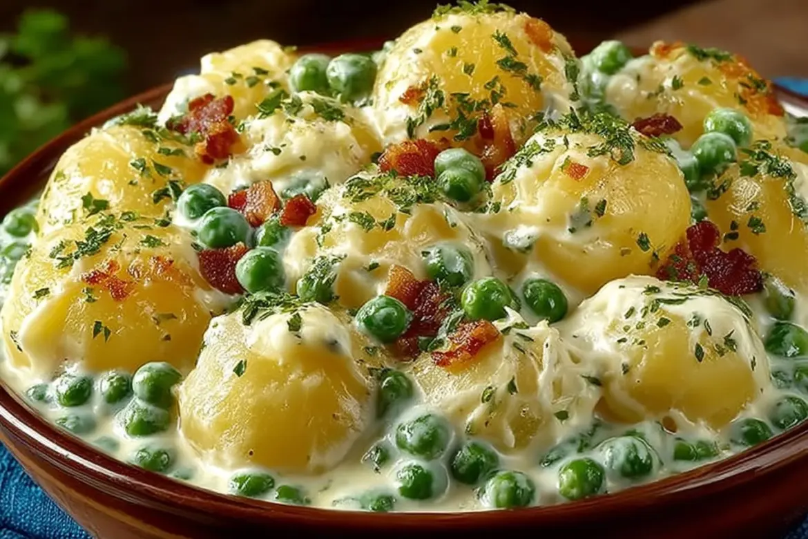 Creamed potatoes and peas dish served in a bowl with herbs on top