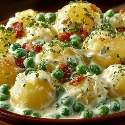 Creamed potatoes and peas dish served in a bowl with herbs on top